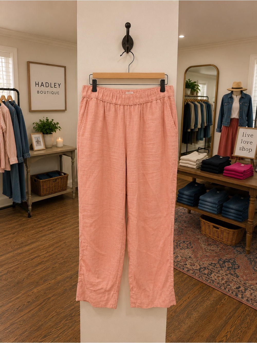 Sigrid Olsen Linen Cropped Pants Medium Pink Pull On Elastic Waist Coastal